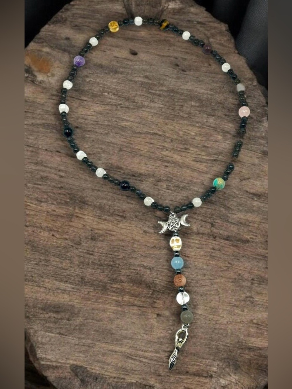 Witch’s Rosary - Moonstone & Labradorite Meditation Beads Triple Moon Goddess